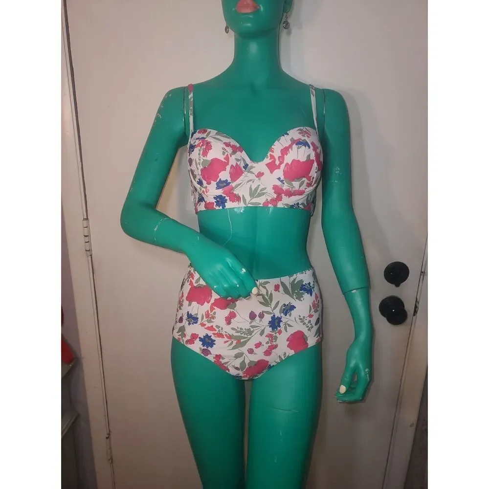 Shein White With Blue And Pink Floral Bikini 2 Piece Swimsuit Size S.